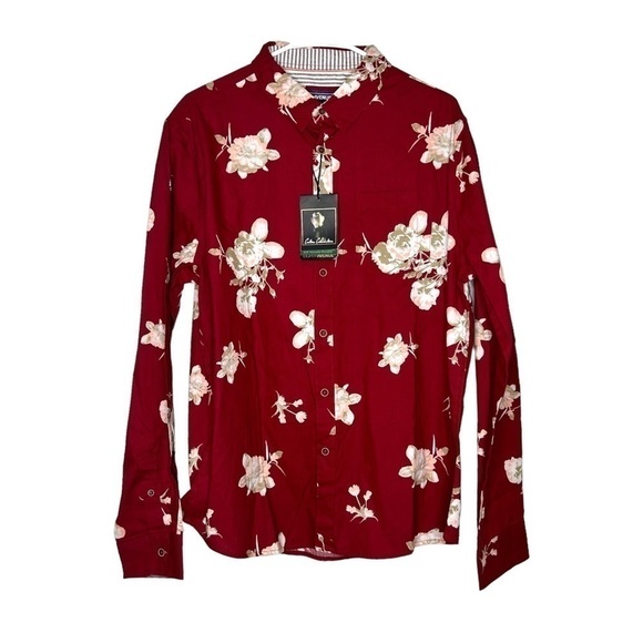2/$30 Eighth Avenue 100% Cotton Lightweight Red Floral Button Shirt Down Unisex - Picture 3 of 16